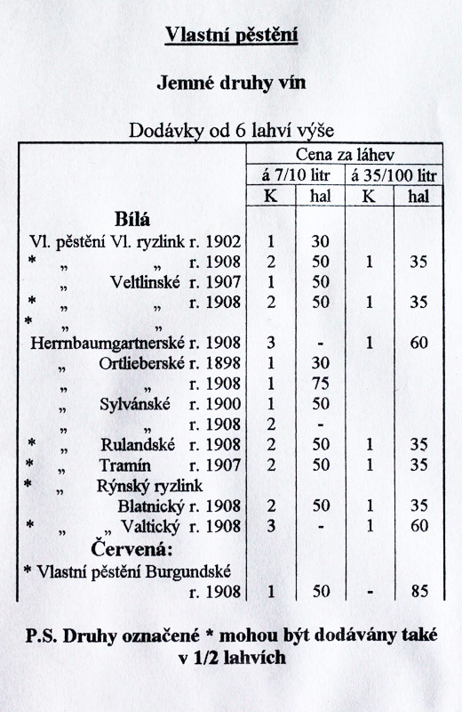 Ceník vín - Lichtenštejnské skelpy 1908 - český překlad