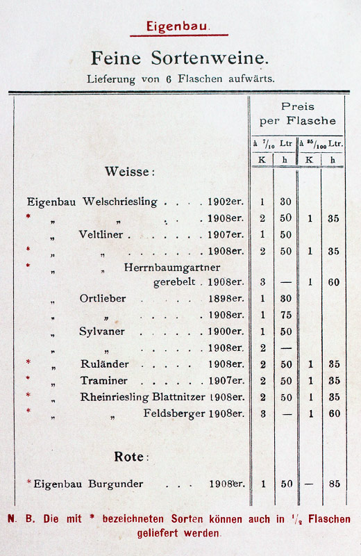 Ceník vín Lichtenštejnské sklepy 1908
